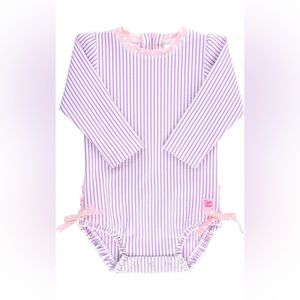 RuffleButts Baby Girls Long Sleeve Swimsuit with UPF 50+ in Lilac Seersucker